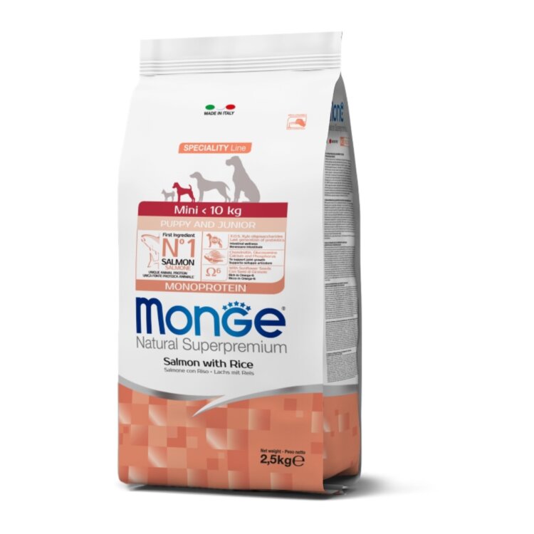 Monge Dog Speciality Line Monoprotein Puppy&Junior Mini для щенков мелких пород, из лосося с рисом Monge Dog Speciality Line Monoprotein Puppy&Junior Mini для щенков мелких пород, из лосося с рисом