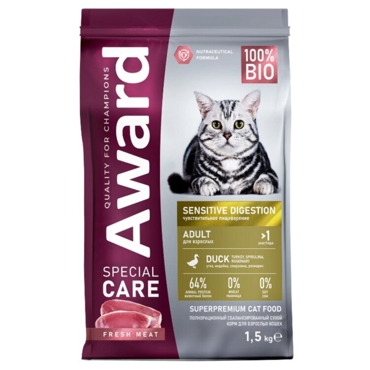 AWARD SPECIAL CARE Sensitive Digestion для взрослых кошек с чувствительным пищеварением со свежим мясом утки